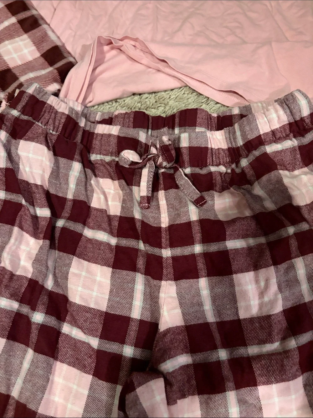 Liz Claiborne Pink and Burgundy Plaid Pajama Set with Matching Blanket